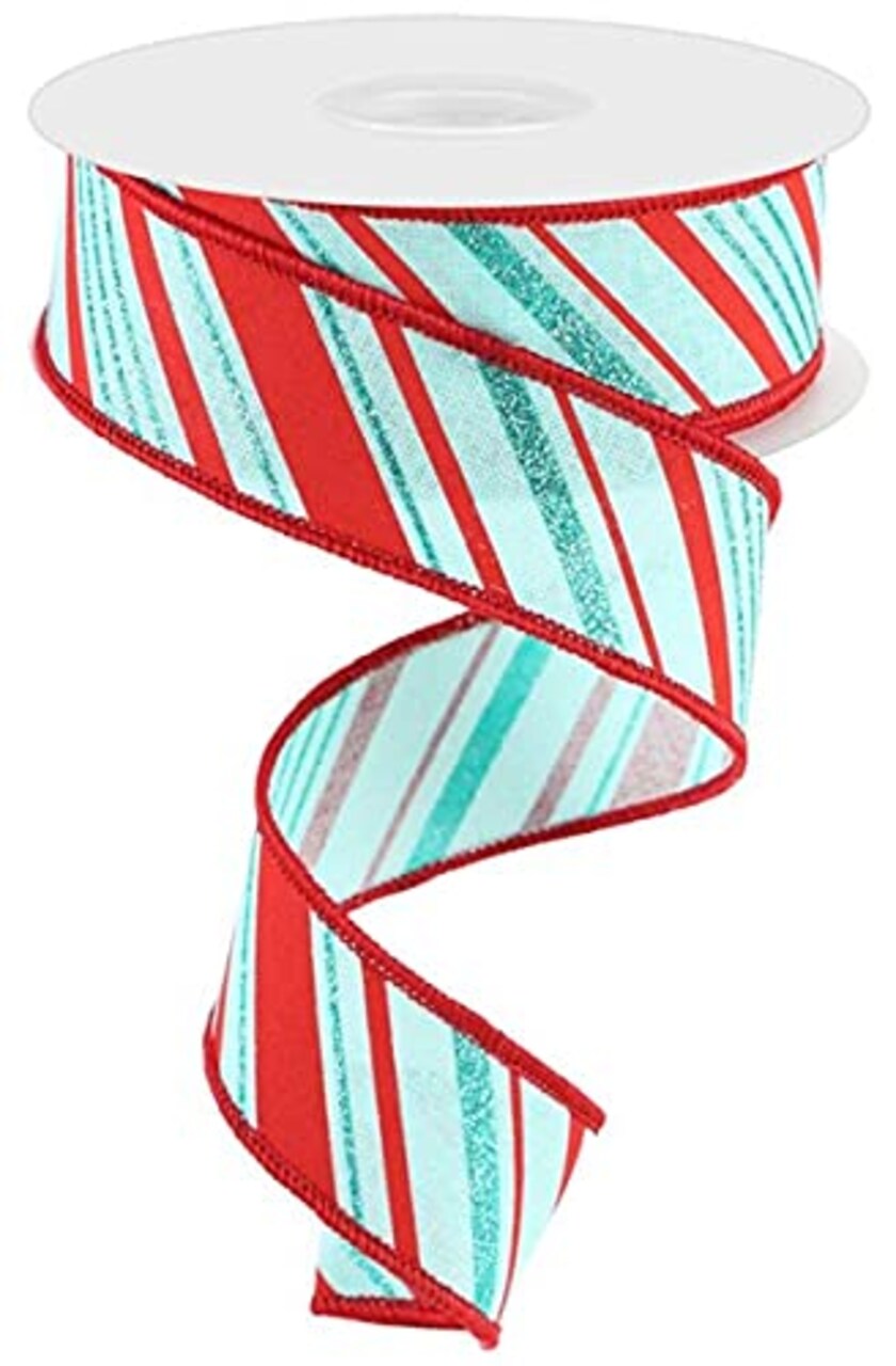 RG Ribbon: 1.5" Peppermint Stripes Wired Edge Ribbon - 10 Yards - Icy Blue, Red - For Christmas Bows, Wreaths, Crafts, and Decorations